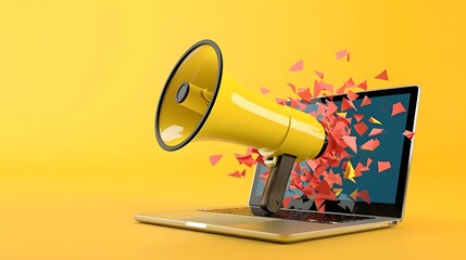 megaphone amplifying digital strategy on laptop against vibrant yellow background. generative ai