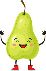 Funny cartoon illustration of a happy green pear wearing red boots, waving and smiling, isolated on white background, ideal for healthy eating and children projects