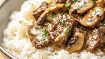 Close-up of rice with savory beef stroganoff. Featuring tender beef in mushroom sauce, served over rice. Emphasizing a hearty, savory dish. Ideal for beef stroganoff recipes.
