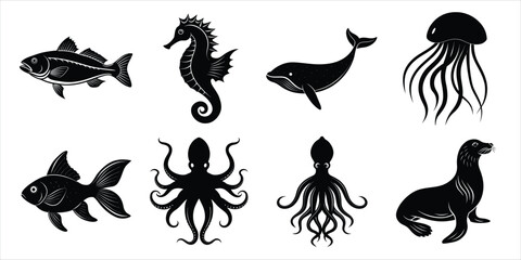Ocean, Sea animals silhouette set. Aquatic animals life vector illustration design