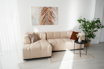Modern living room with beige couch and minimalist decor in bright space