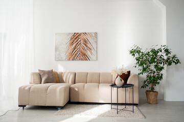 Cozy living room with modern furniture and indoor plants in bright setting