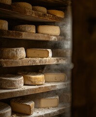 Cheese aging in a rustic cellar surrounded by wood shelves