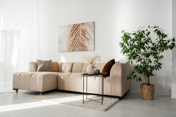 Modern living room with cozy furniture and indoor plants in a bright setting