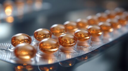 Amber Capsules in Blister Pack: Close-up of Pharmaceutical Medicine