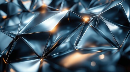 Metallic triangular surface with deep blue reflections and angular shapes. Futuristic material concept. Abstract tech and industrial background.