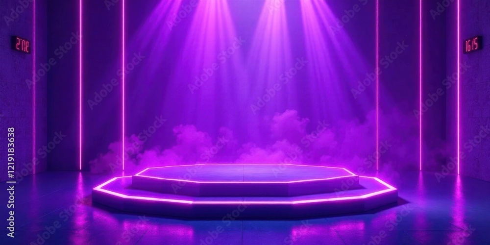 Aufkleber futuristic octagonal platform with vibrant purple neon lighting and atmospheric haze in a modern set