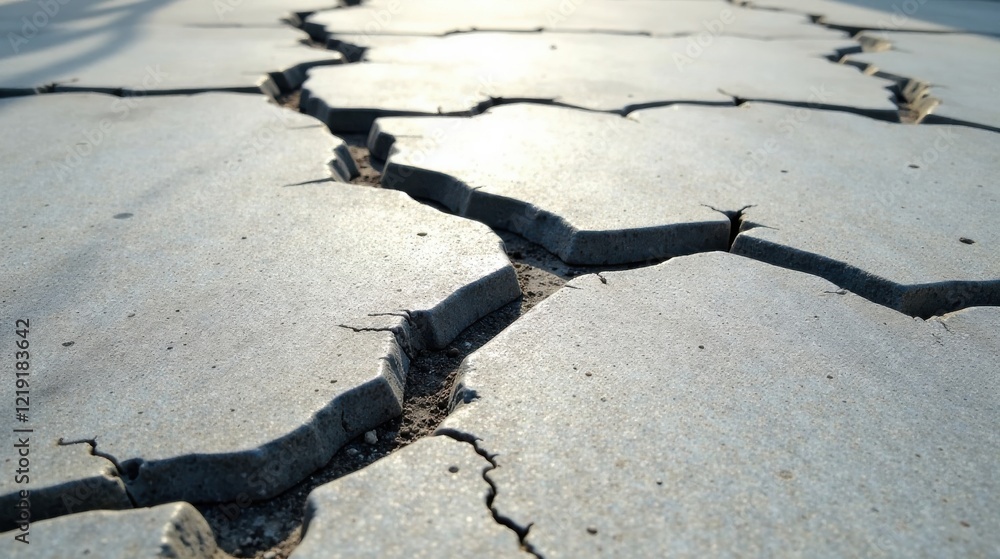 Aufkleber Sunlit Cracked Pavement Surface Detail A Close-Up View of Irregular Stone Blocks with Extensive Fractures and Soil Showing Through