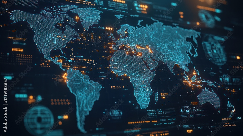 Poster a digital world map with glowing blue lines and orange dots, representing global connectivity and da