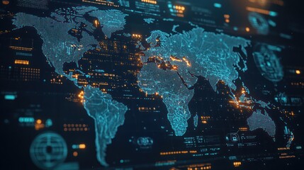 A digital world map with glowing blue lines and orange dots, representing global connectivity and data flow.