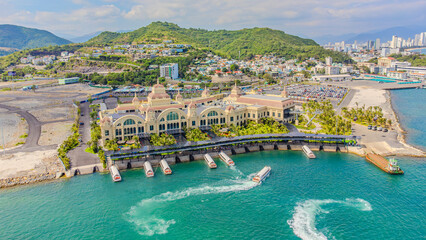Vinpearl Reception Hall. 

Vinpearl Island Cable Car to Vinwanders Amusement Park. Aerial drone...