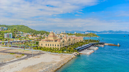 Vinpearl Reception Hall. 

Vinpearl Island Cable Car to Vinwanders Amusement Park. Aerial drone shooting in Nha Trang, Vietnam. 