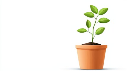 Obraz premium Green Plant Growing in Simple Brown Pot Against White Background for Nature and Growth Themes