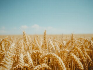Fototapeta premium Golden wheat field under a clear blue sky at midday