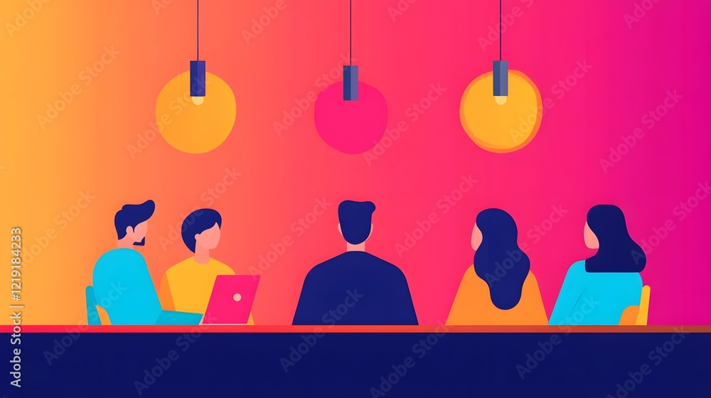 Poster dynamic team brainstorming session in vibrant startup office