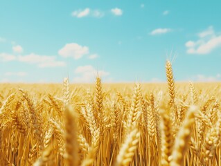 Fototapeta premium Golden wheat field under a clear blue sky in summer