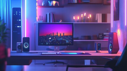 Neon Cityscape Gaming Setup, Vibrant and Stylish Workspace
