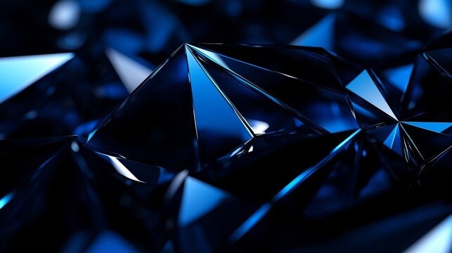 Metallic triangular surface with deep blue reflections and angular shapes. Futuristic material concept. Abstract tech and industrial background.