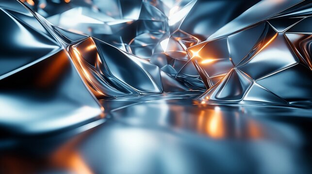 Metallic triangular surface with deep blue reflections and angular shapes. Futuristic material concept. Abstract tech and industrial background.