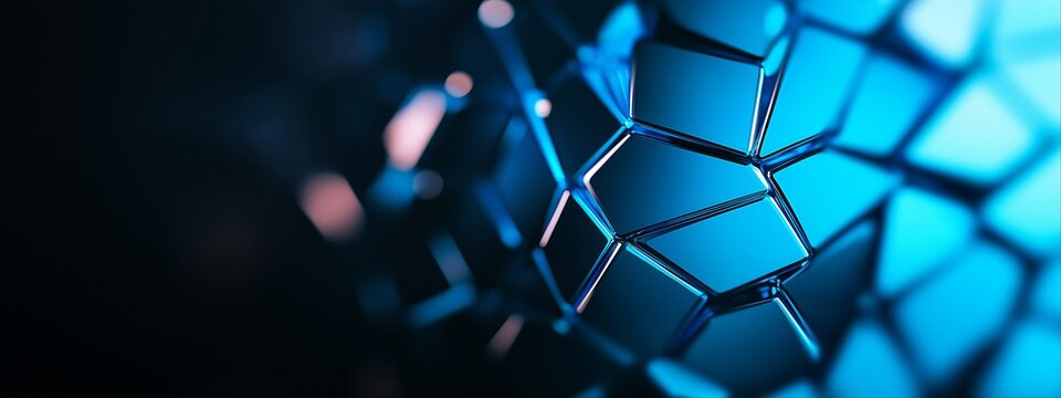 Metallic triangular surface with deep blue reflections and angular shapes. Futuristic material concept. Abstract tech and industrial background.