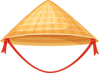 Asian conical hat made of straw with red ribbons, representing traditional clothing and cultural heritage of East and Southeast Asia, often worn for sun protection and as a fashion accessory