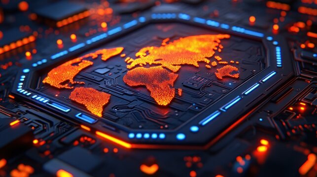 A fiery world map is embedded into a circuit board. - Powered by Adobe