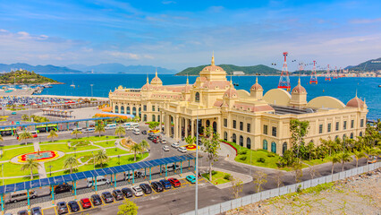 Vinpearl Reception Hall. 

Vinpearl Island Cable Car to Vinwanders Amusement Park. Aerial drone...