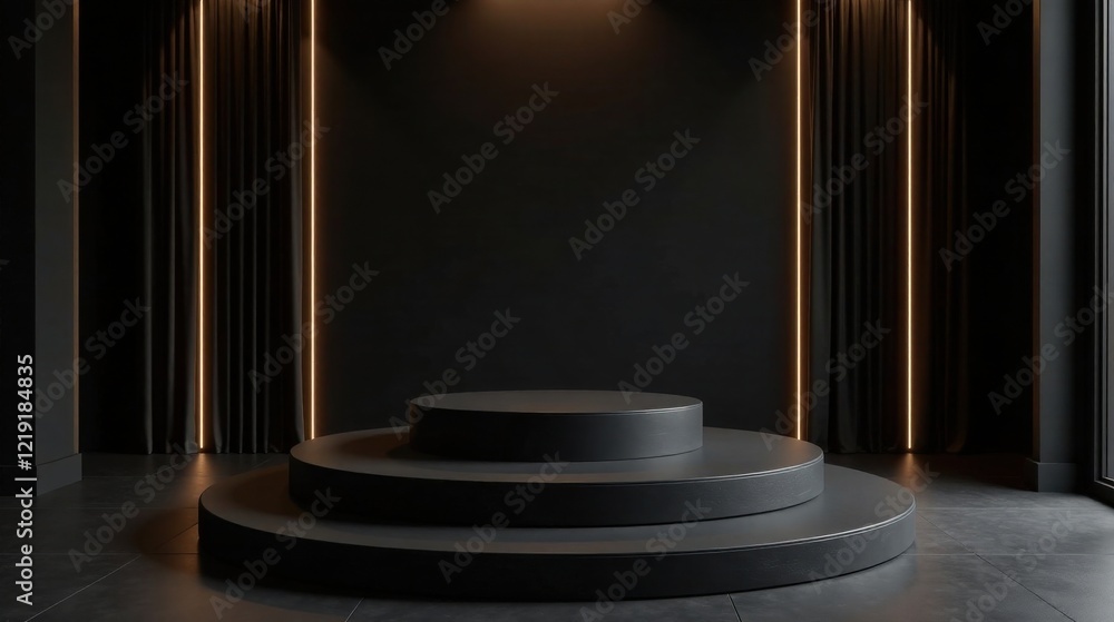 Aufkleber dark elegance a three-tiered circular pedestal with subtle backlighting and draped curtains