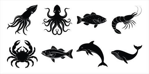 Ocean, Sea animals silhouette set. Aquatic animals life vector illustration design