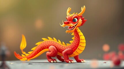 Obraz premium Close-up shot of a cute Chinese dragon, red and gold scales, delicate claws, dreamy colorful background, strong hard light, warm tones, rich saturated colors, shallow depth of field,