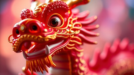 Close-up shot of a cute Chinese dragon, red and gold scales, delicate claws, dreamy colorful background, strong hard light, warm tones, rich saturated colors, shallow depth of field,