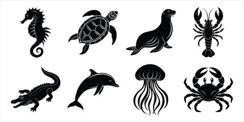 Ocean, Sea animals silhouette set. Aquatic animals life vector illustration design
