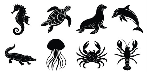 Ocean, Sea animals silhouette set. Aquatic animals life vector illustration design