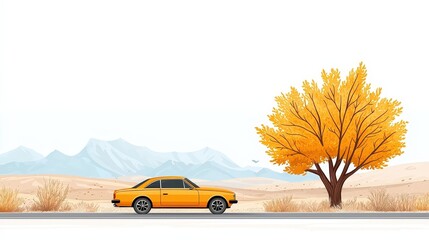 Bright Yellow Car Against Scenic Autumn Landscape with Orange Tree and Mountains