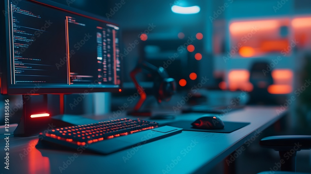 Poster futuristic tech-driven workspace with glowing screens and high-tech equipment on a dark modern