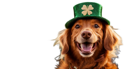 Playful dog wearing a festive green hat with a shamrock design, celebrating St. Patrick's Day with a cheerful expression, exuding joy and excitement for the holiday festivities