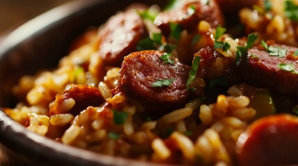 Close-up of rice with savory chorizo sausage. Featuring chorizo cooked with spices, served over rice. Emphasizing a spicy, savory dish. Ideal for sausage recipes.
