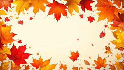 Autumn leaves falling, vibrant orange and red maple leaves, golden yellow foliage, white background, scattered leaf pattern, seasonal decoration, warm colors, natural textures, top border design, fall