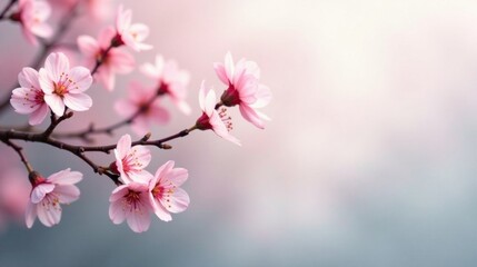 Fototapeta premium Delicate Pink Blossoms on a Branch, Softly Illuminated by Natural Light, Creating a Serene and Peaceful Atmosphere