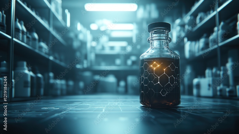Poster a glass bottle with a glowing molecular structure inside sits on a table in a laboratory setting.