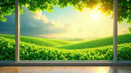 Serene Sunrise Over Rolling Green Hills Viewed From a Window Framed by Lush Foliage