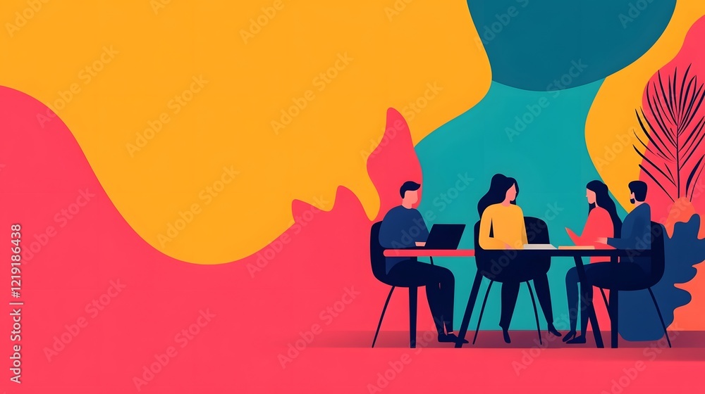 Aufkleber startup team collaborating in vibrant open office on dynamic background
