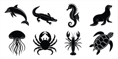 Ocean, Sea animals silhouette set. Aquatic animals life vector illustration design