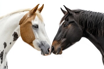 Obraz premium White and black horses showing affection by touching noses against white background 