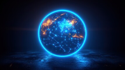 Obraz premium A glowing blue sphere with lines connecting points, representing the global network.