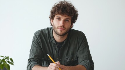 A male artist sketching in a notebook with a pencil and looking thoughtful on a white isolated background