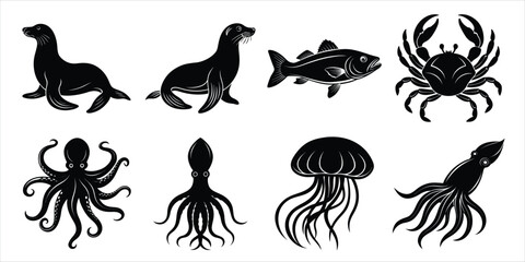 Ocean, Sea animals silhouette set. Aquatic animals life vector illustration design