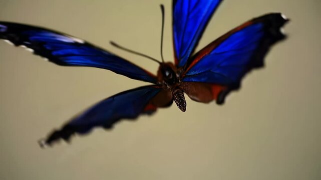 Vibrant blue butterfly in flight with blurred background, showcasing delicate wings. Nature and beauty concept