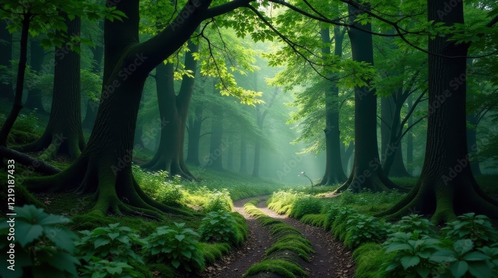 Poster mystical forest path a sunlit trail winding through ancient, moss-covered trees in a verdant, foggy 