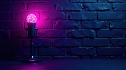 Retro microphone with vibrant illuminated sphere against a dark brick wall